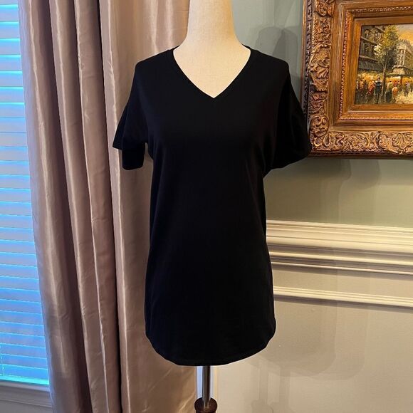 EUC Eileen Fisher Black V-Neck Short Sleeve Organic Cotton Tee T Shirt PP Petite - Picture 1 of 3
